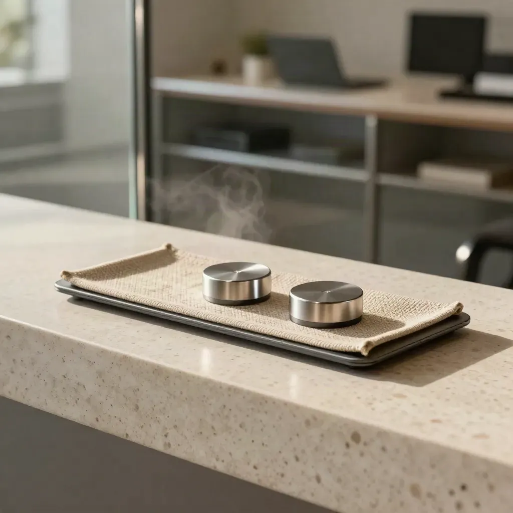 Slate alerts console with signal pucks on travertine in soft daylight.