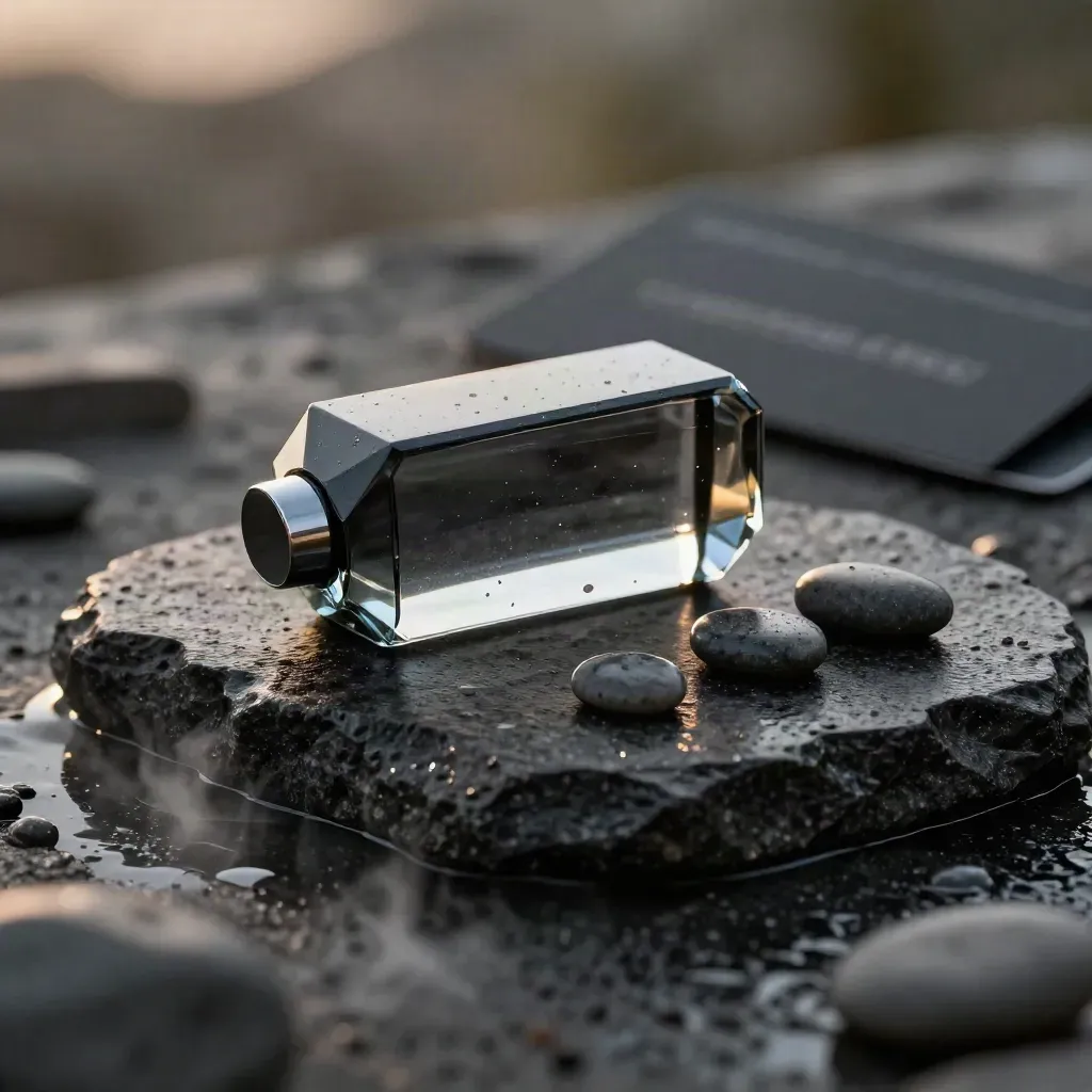 Graphite glass sentiment unit on wet basalt with acrylic shard and pebble markers in dark mist.