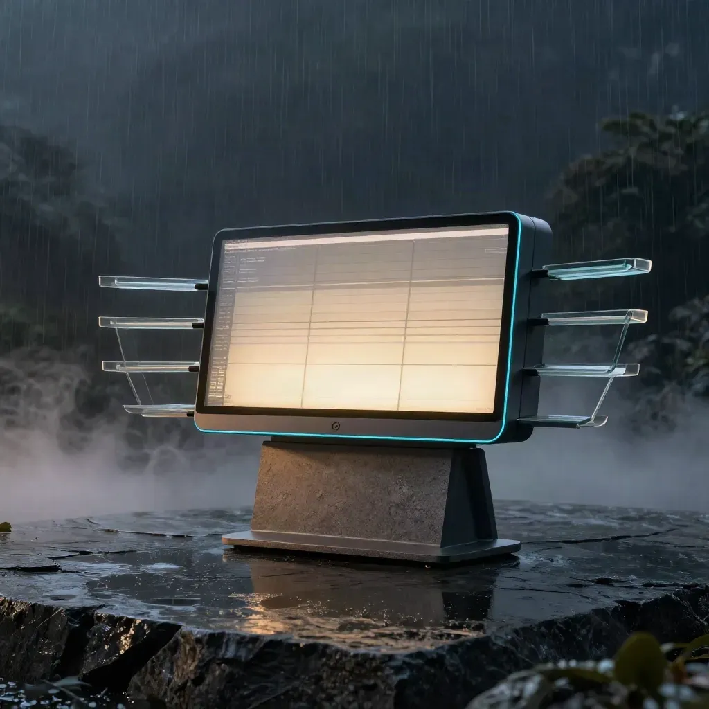 Glass newsroom dashboard console with cyan glow and translucent trays on wet stone in blue-hour mist.