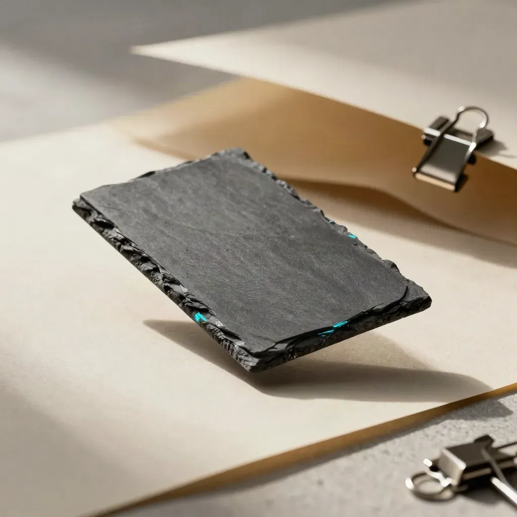 Slate analytics tile drifting between vellum sheets with metal clips and a cyan glint.