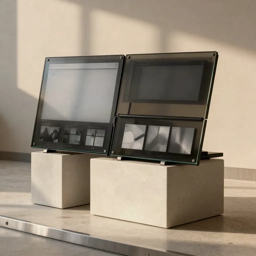 Charcoal analytics console beside glass panels on pale travertine in soft newsroom light.