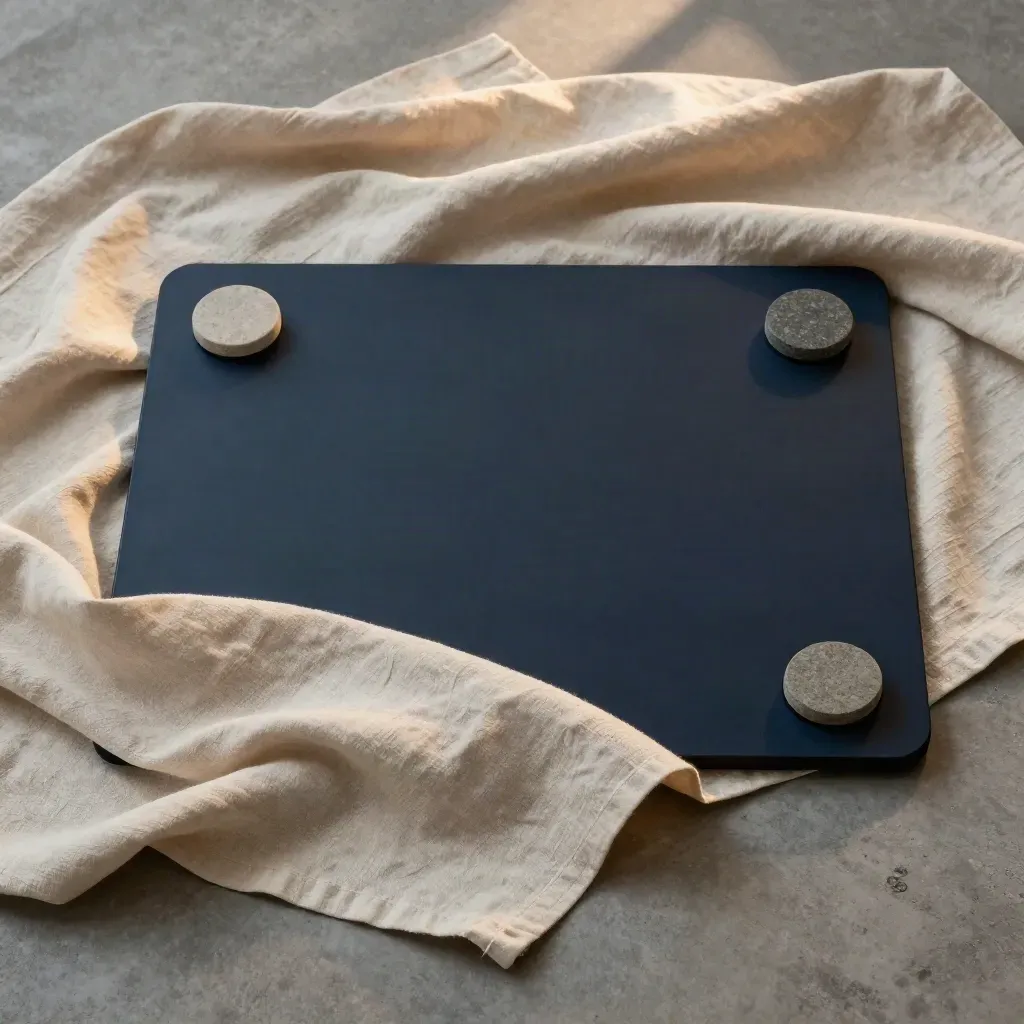 Overhead flatlay of a midnight-blue dashboard slab nestled in oatmeal linen with stone markers