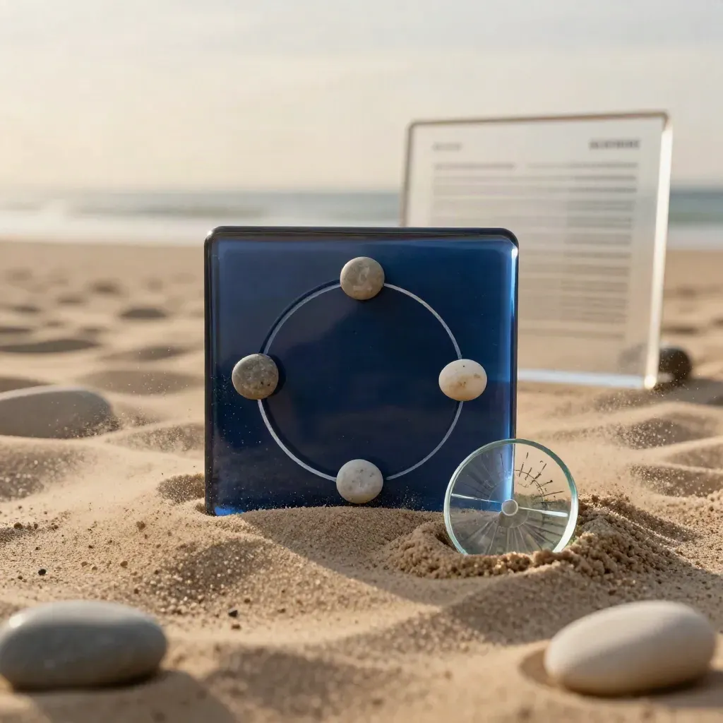 Midnight-blue analytics tile in sand with pebble markers and drifting dust
