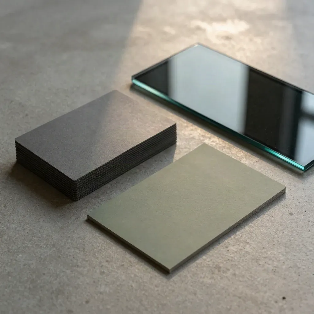Top-down graphite export sleeves and a dark glass dashboard slab on polished concrete.