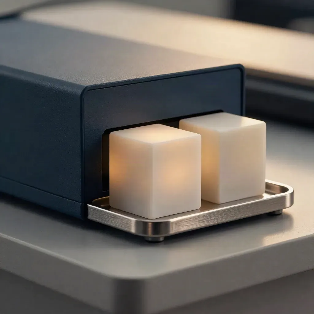 Macro of a slate newsroom monitor block with brushed tray and matte paperweights in soft haze