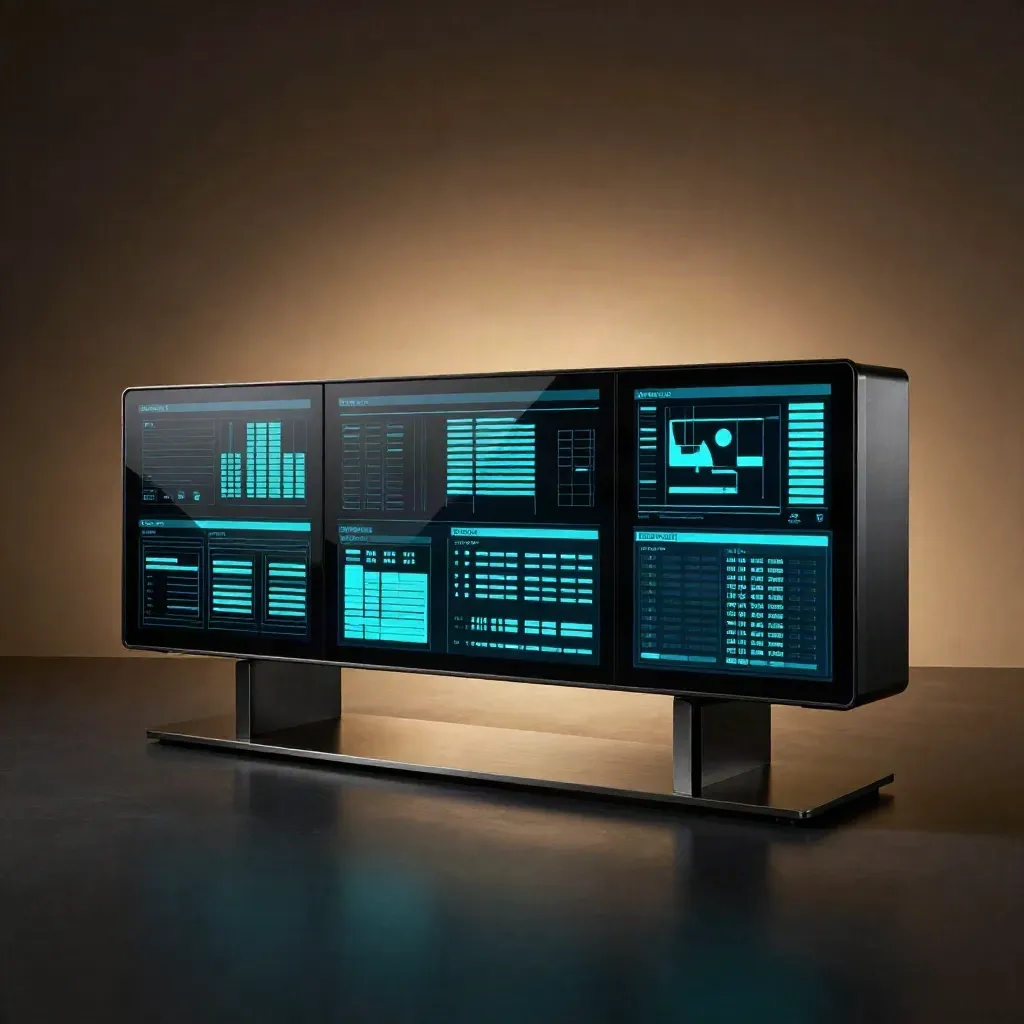 Dark glass analytics console with cyan modules on a matte-black studio surface.