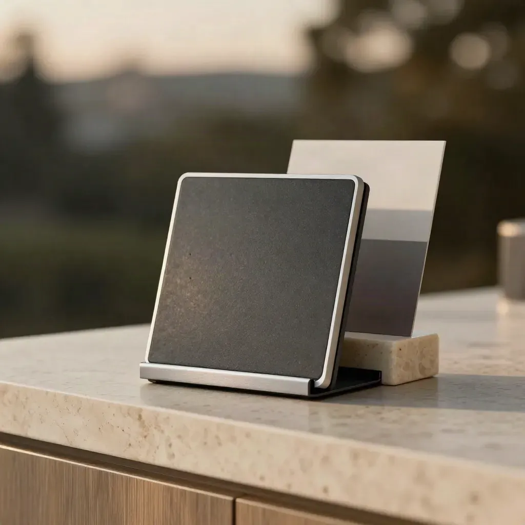 Charcoal dashboard tile on a brushed stand with pale stone accent and blurred card backdrop.
