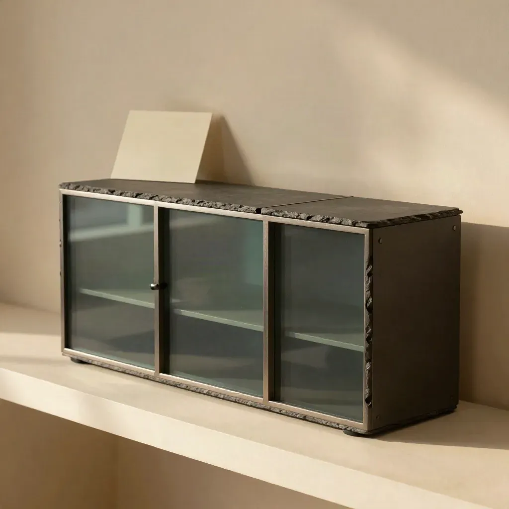 Slate modular analytics console on a pale plaster shelf with soft haze and premium light