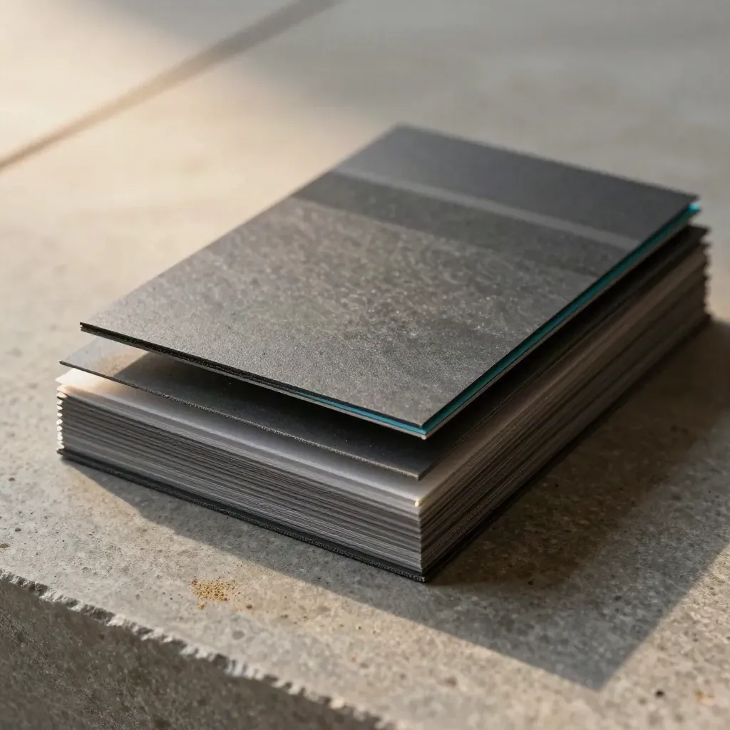 Overhead stack of graphite slabs with a translucent divider on stone, lit by soft raking light.