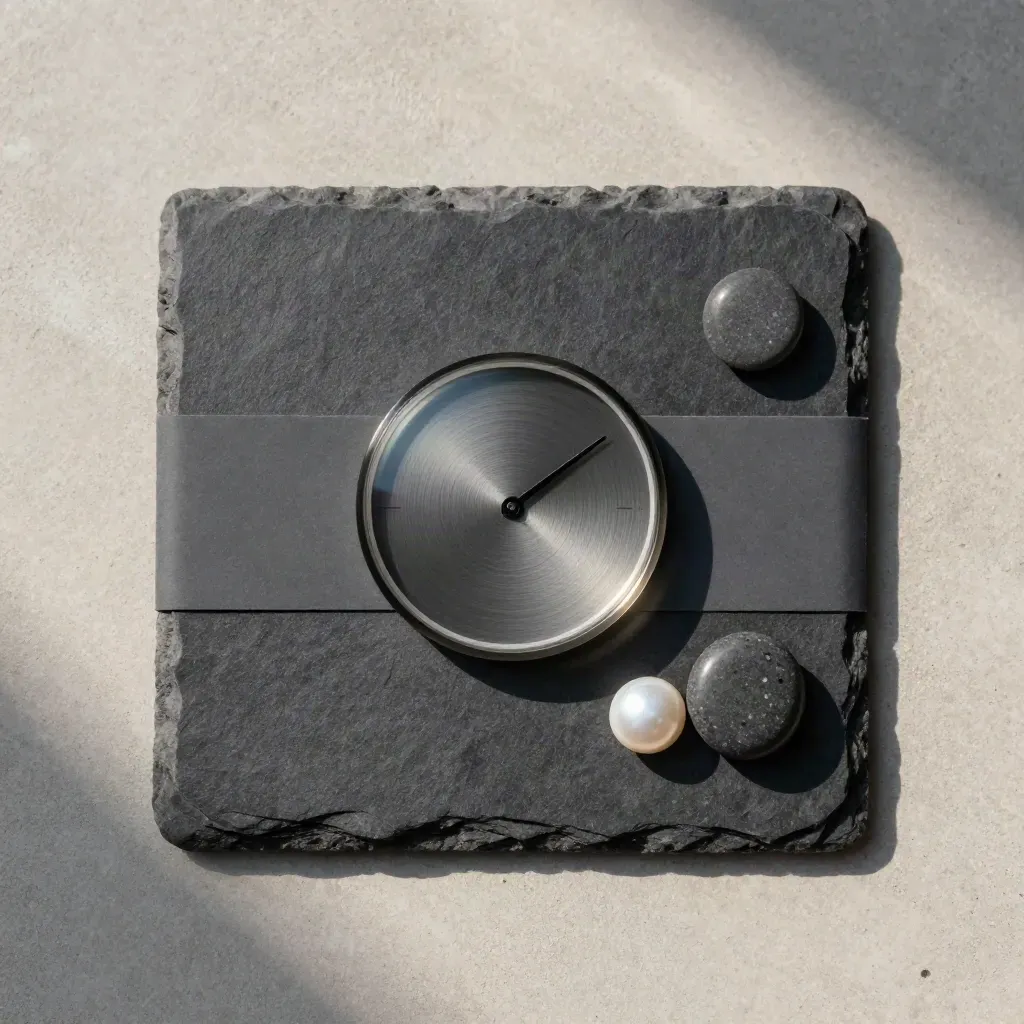 Overhead glass dial, slate card, and pebble markers on pale concrete with soft shadows.