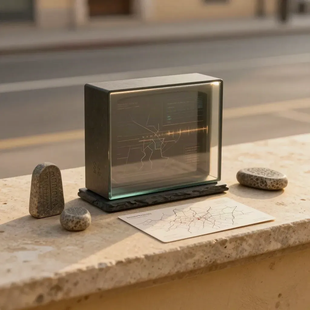 Slate analytics display beside stone markers on warm plaster ledge