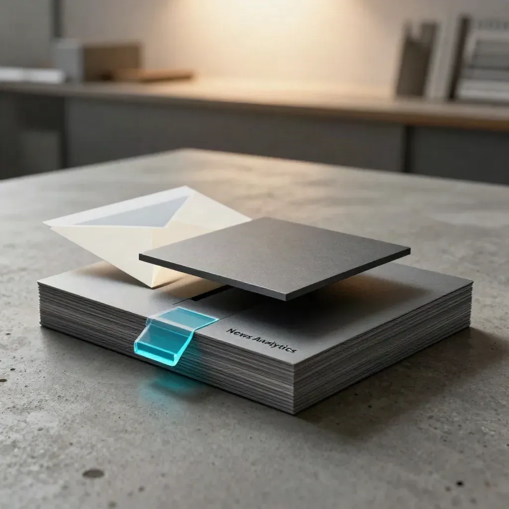 Stacked news analytics slabs with a cyan accent on concrete, viewed from above.