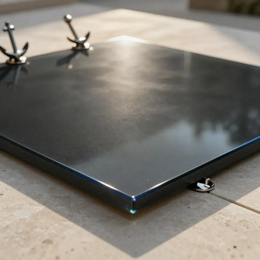 Black glass command tile with metal anchors on pale stone in dramatic macro light.