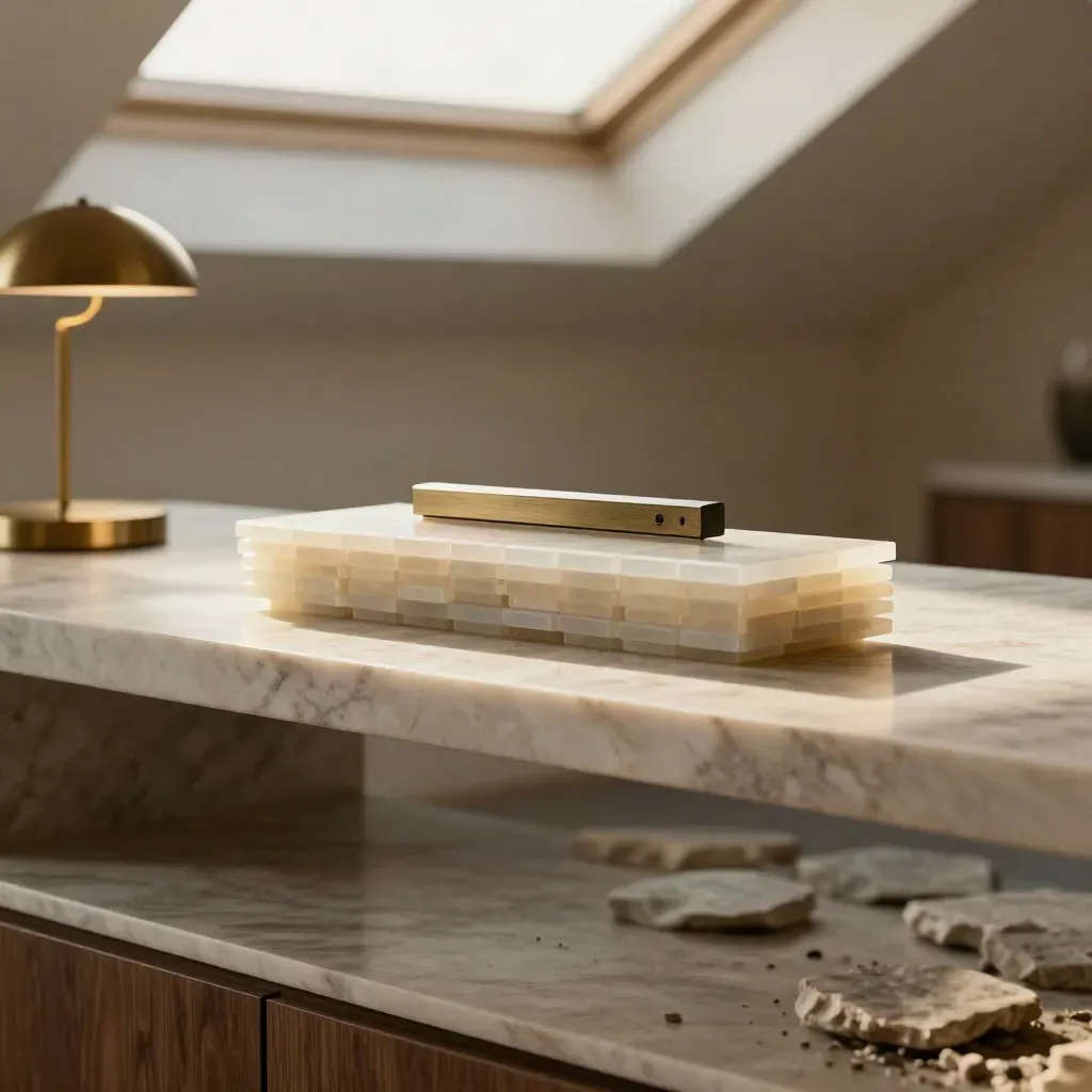 Translucent alert tiles on pale marble in soft morning light with brass and glass bokeh.