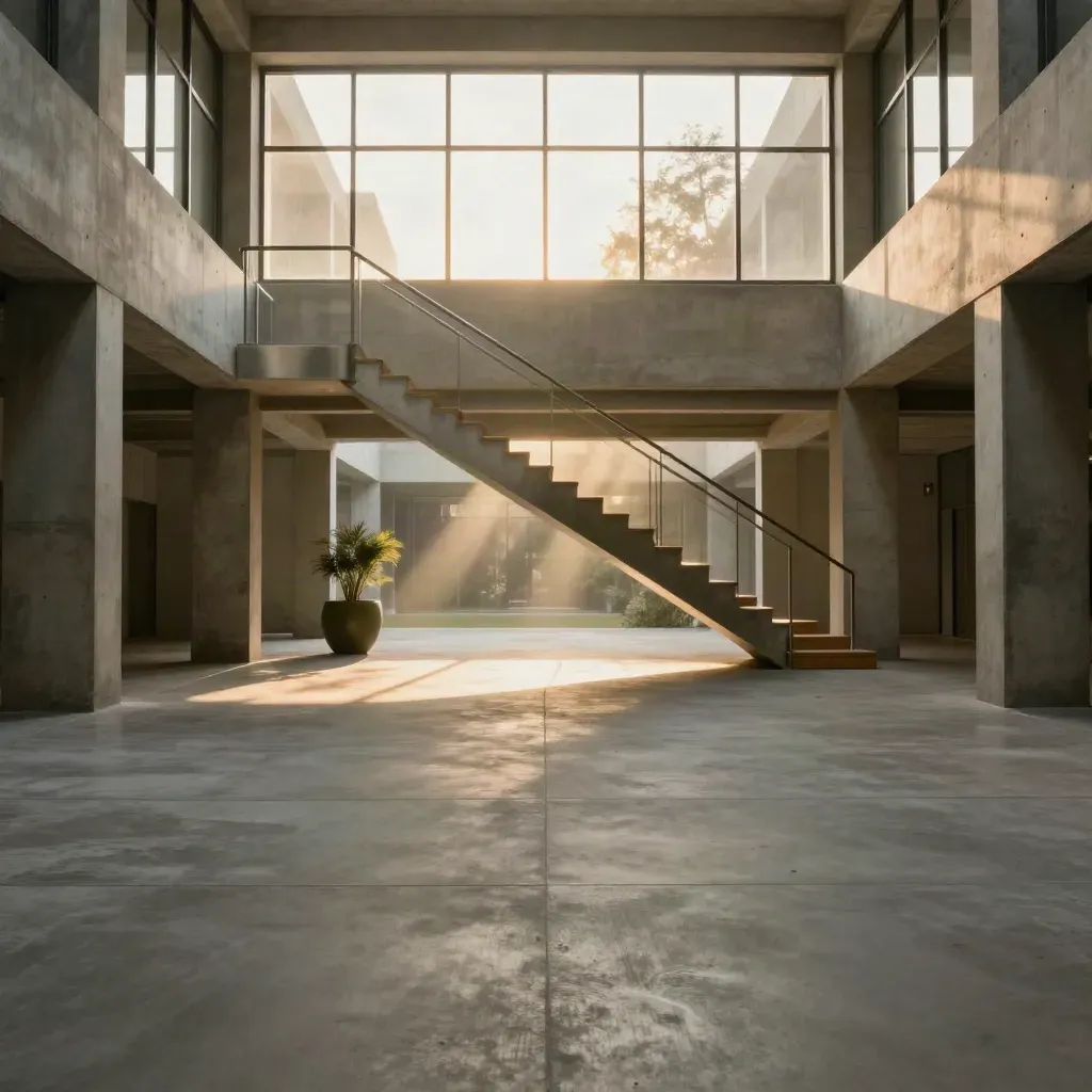 Sunlit concrete atrium with stairs and calm open floor for headline copy