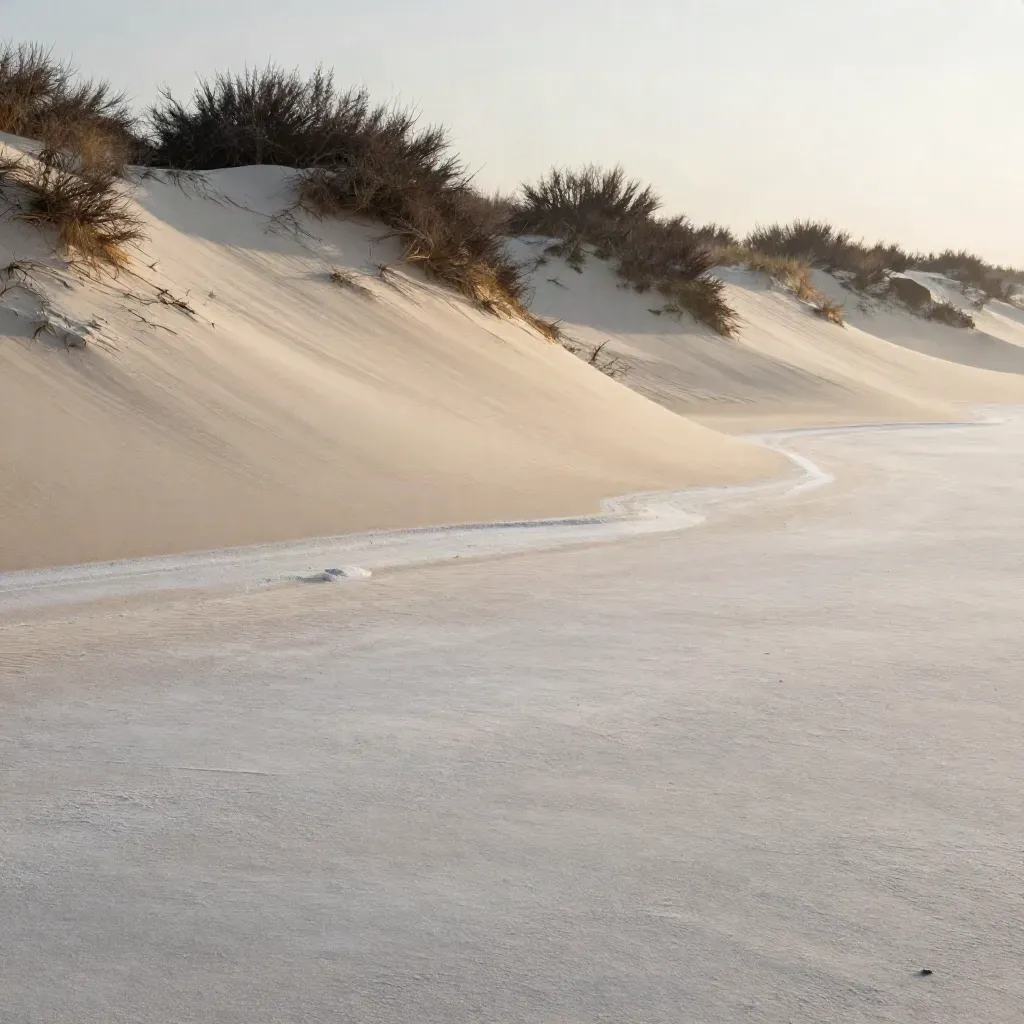Chalky dune above a salt flat, dark shrubs high in frame, mist softening the open lower space.