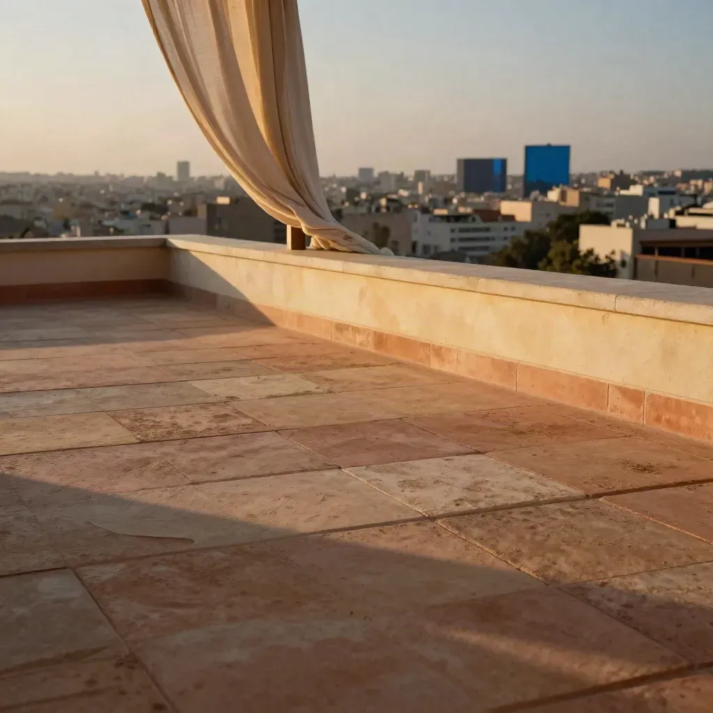 Golden rooftop terrace with a lifting sheer curtain above a calm copy area
